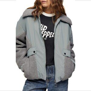 Topshop megan Mixed media fleece jacket coat zipper gray zipper warm new 8